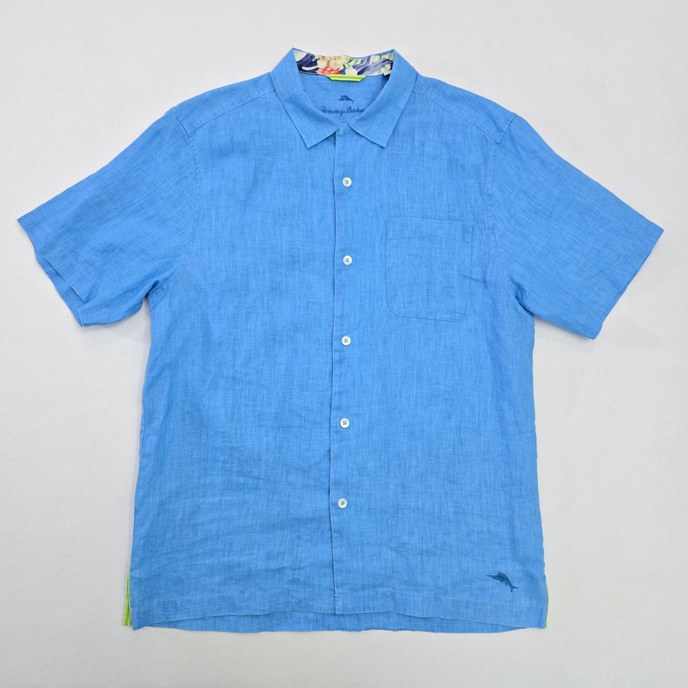 Tommy Bahama Mens Medium Blue 100% Linen Short Sleeve Button Up Shirt Tropical